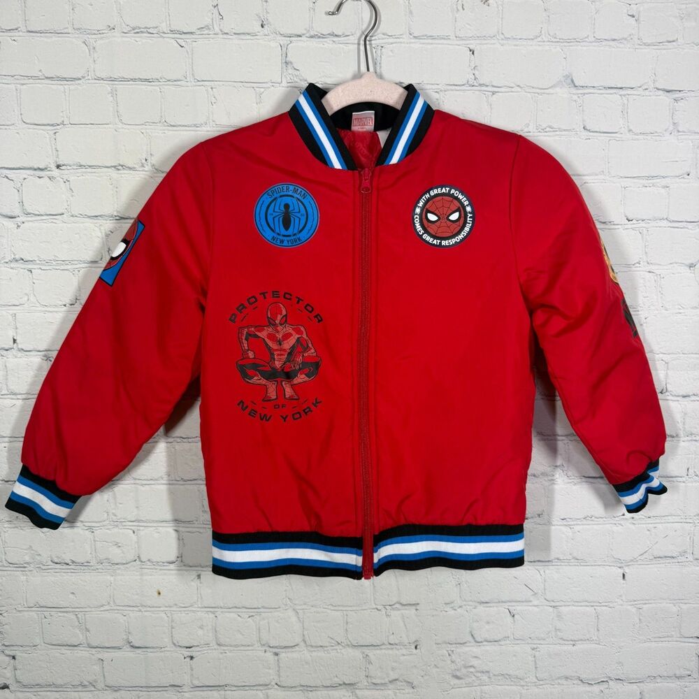 Marvel Spider-Man Boy Light Weight Quilted Jacket Size 8 Red Graphic Patch